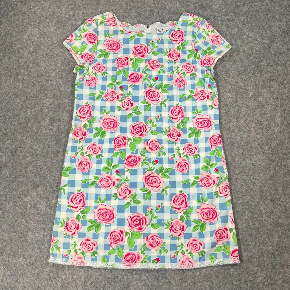 Lilly Pulitzer Dress Womens 10 Blue Pink Gingham Floral Rose Preppy Vtg Shift